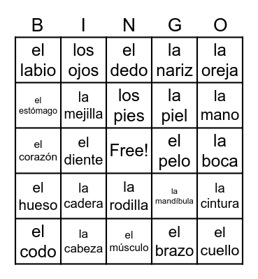 Conjuguemos Body parts in Spanish Bingo Card