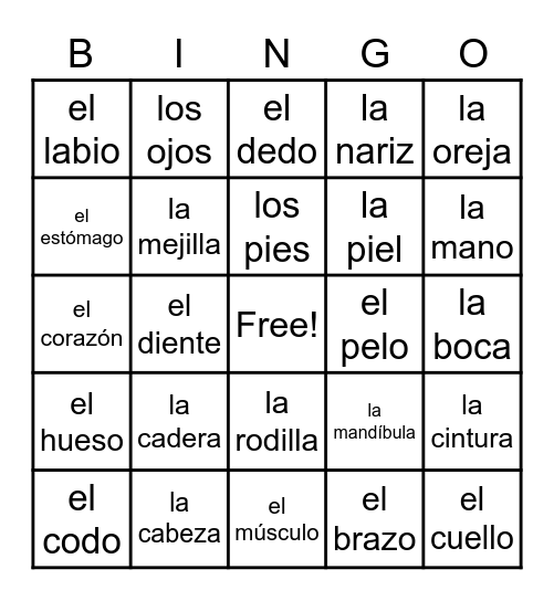 Conjuguemos Body parts in Spanish Bingo Card