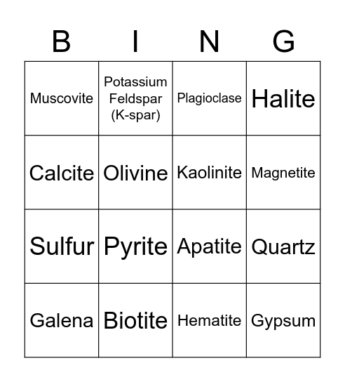 Mineral Bingo Card