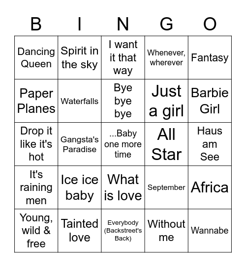 Songtitel Bingo Card