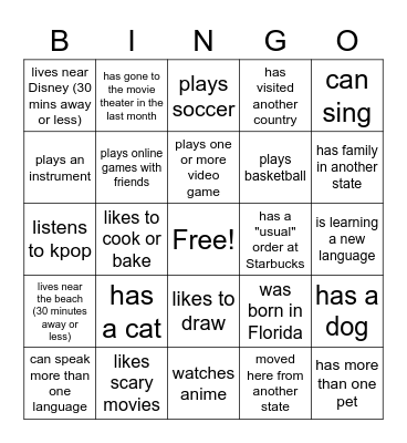 Classroom Bingo: Find someone who... Bingo Card