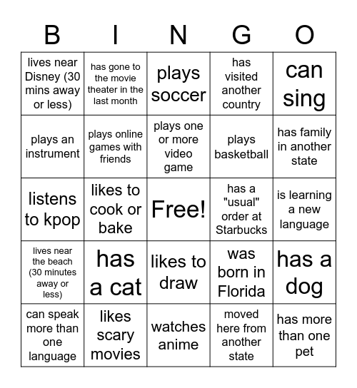 Classroom Bingo: Find someone who... Bingo Card