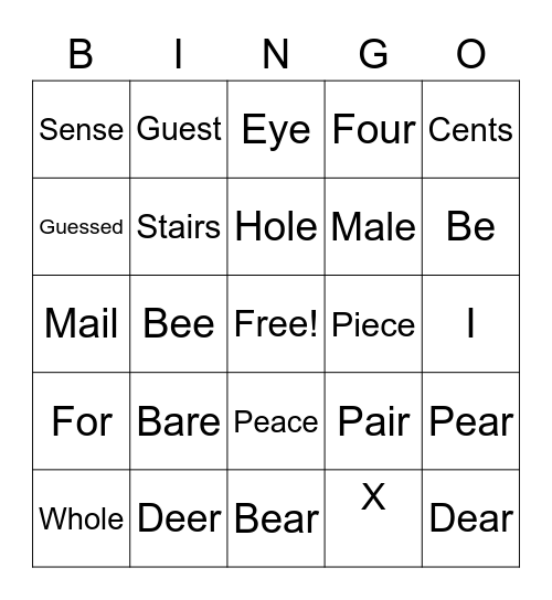 Homophones Bingo Card
