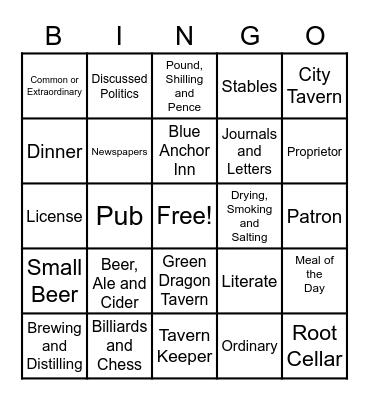 Colonial Tavern Keeper Bingo Card