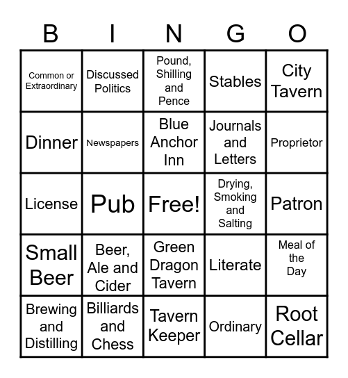 Colonial Tavern Keeper Bingo Card
