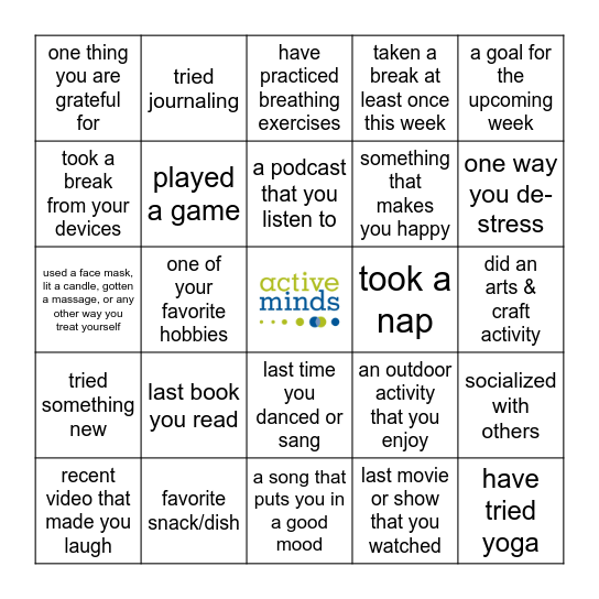 Stress-Less With Active Minds Bingo Card