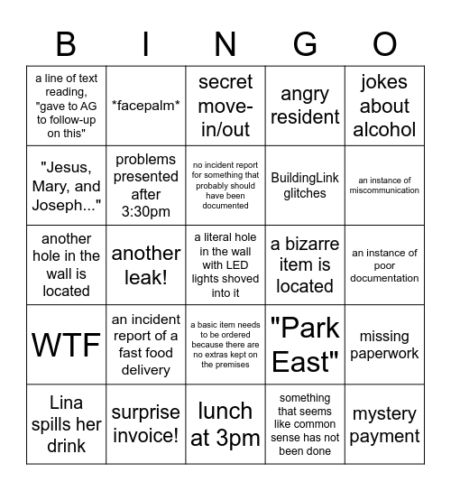 Parc East Bingo Card