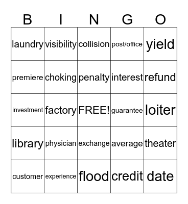 Vocabulary Review 8 - 10  Bingo Card