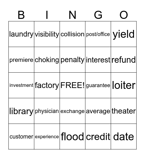Vocabulary Review 8 - 10  Bingo Card