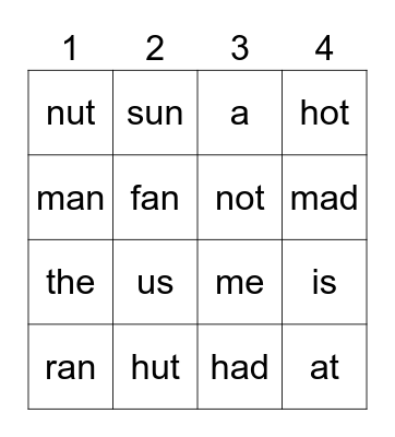 Word Bingo Card