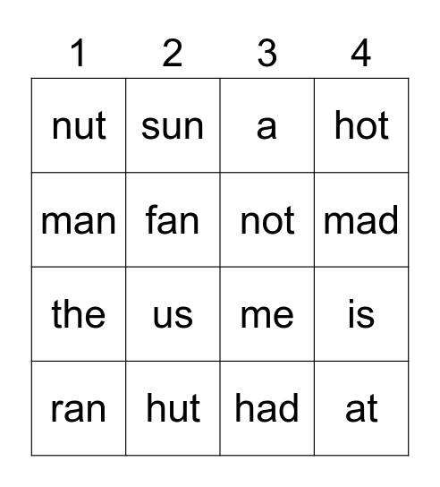 Word Bingo Card