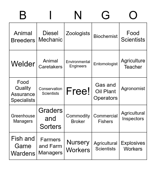 Agriculture Careers Bingo Card