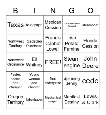 Westward Expansion & Industrialization Bingo Card