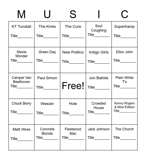 Music Bingo Card