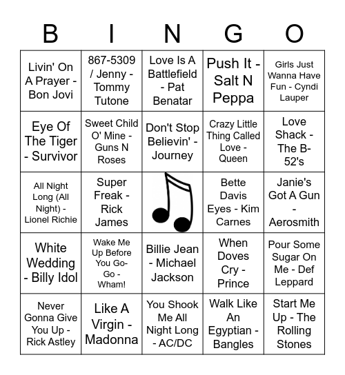 Best of the 80's Bingo Card