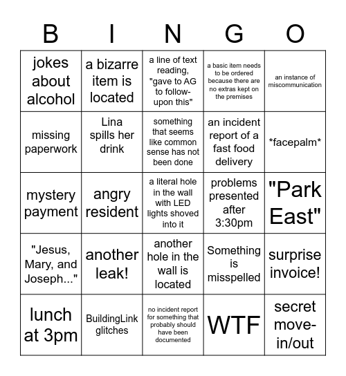 Parc East Bingo Card