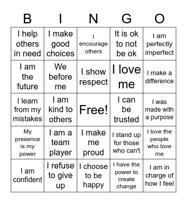 Positive Affirmations Bingo Card