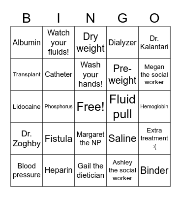 Dialysis BINGO Card