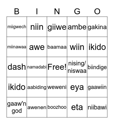 Ojibwe Adverbs and Verbs Bingo Card