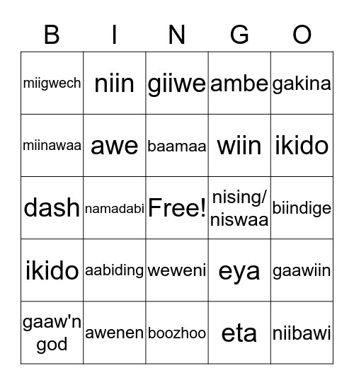 Ojibwe Adverbs and Verbs Bingo Card
