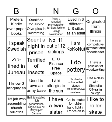 ETC Finance Fun Fact Bingo Card