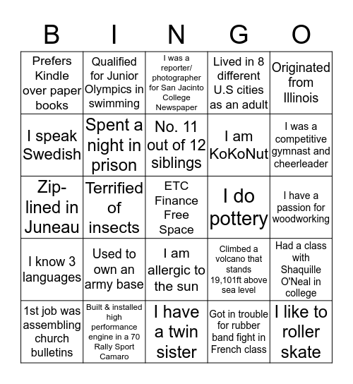 ETC Finance Fun Fact Bingo Card