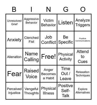 Anger Bingo Card