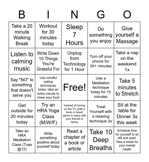 Stress Management Bingo Card