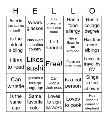 Getting to know you! Bingo Card