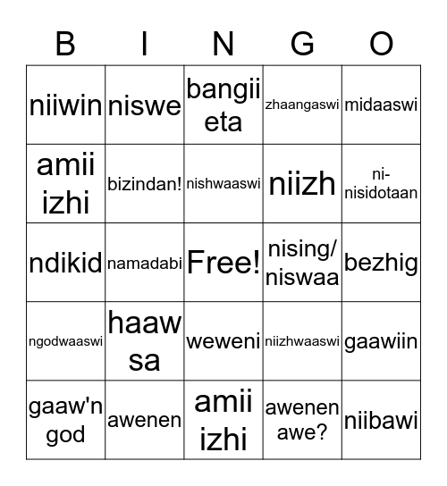 Ojibwe Adverbs and Verbs Bingo Card