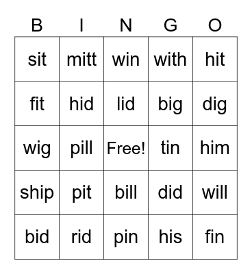 Short I Bingo Card