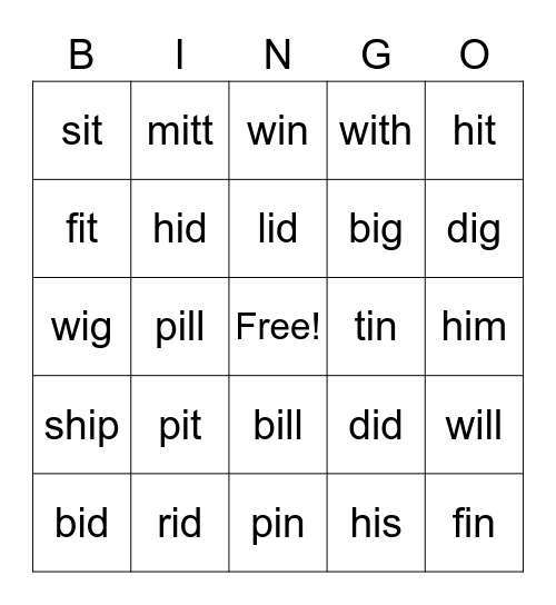 Short I Bingo Card