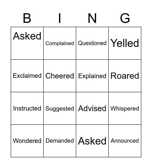 Alternative Words to Said Bingo Card