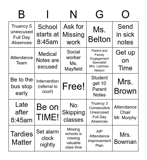 Attendance BINGO Card