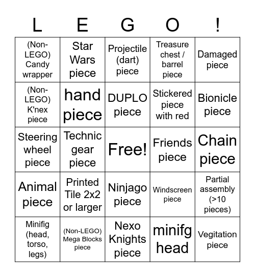 LEGO hunt Bingo Card