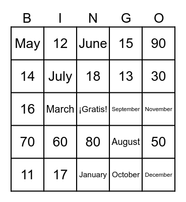 Números y meses Bingo Card