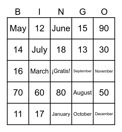 Números y meses Bingo Card