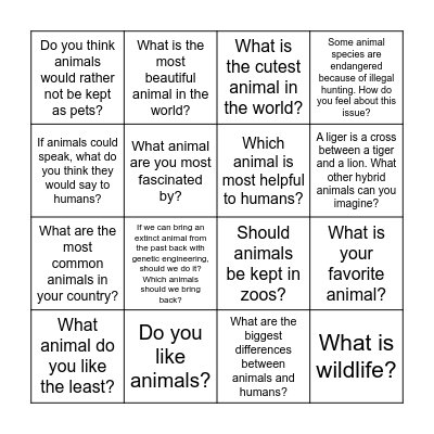 Animals and Wildlife - Discussion Questions Bingo Card