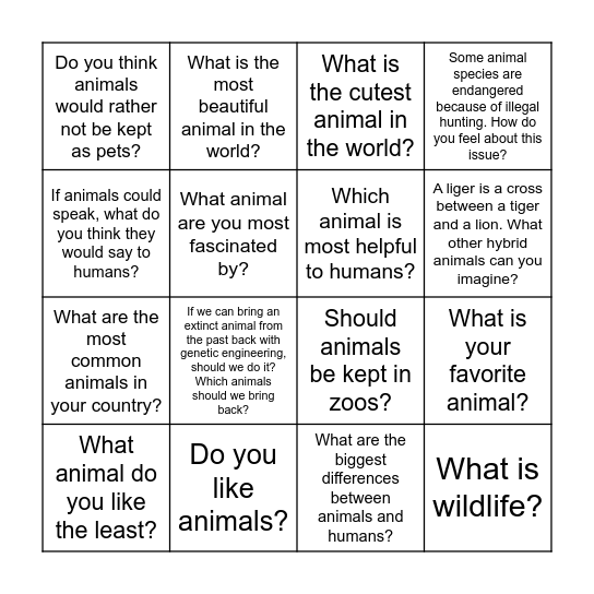 Animals and Wildlife - Discussion Questions Bingo Card