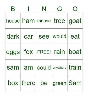 Green Eggs and Ham Bingo Card