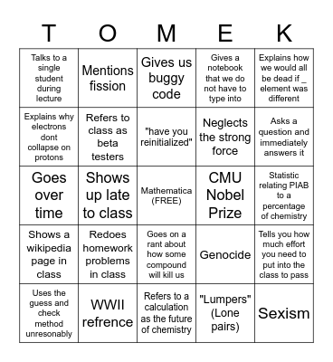 Lab IV Bingo Card