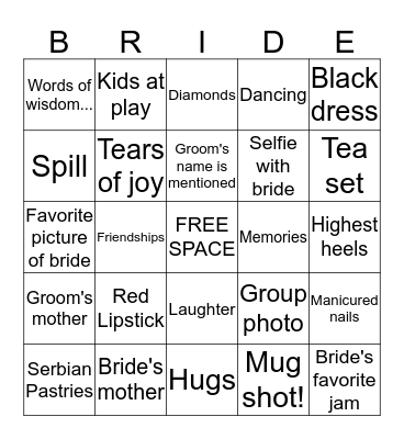 Charisse's Bridal Bingo Card