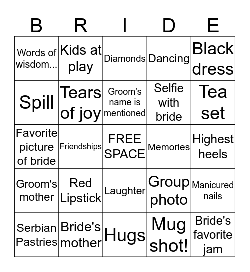 Charisse's Bridal Bingo Card