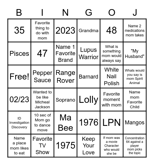 Mom BIRTHDAY BINGO Card