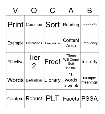 Tiered Vocabulary Bingo Card