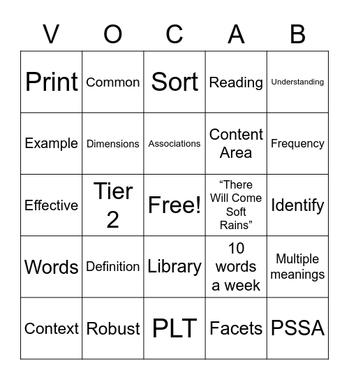 Tiered Vocabulary Bingo Card