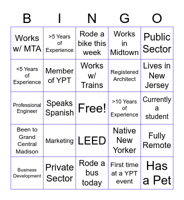 YPT-NYC Speed Networking Bingo Card