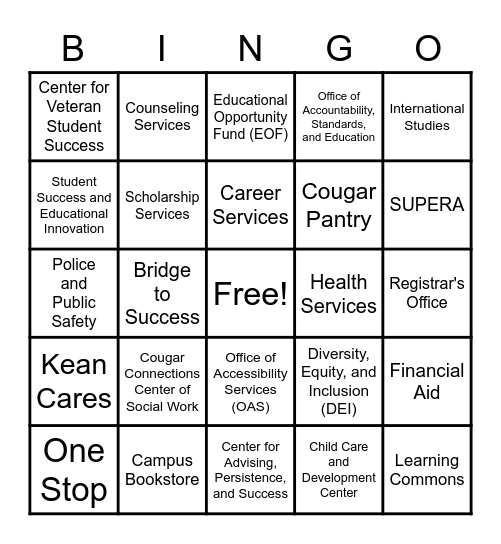 BINGO: Kean Edition Bingo Card