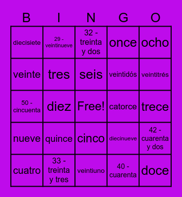 Spanish Numbers Bingo Card