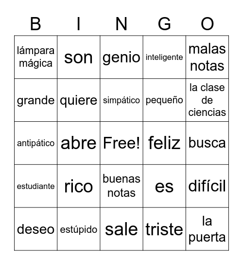 Spanish 9 - Unit 5 Bingo Card